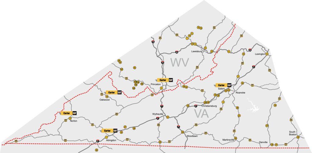 A map of some of Carter Cat's locations in Virginia